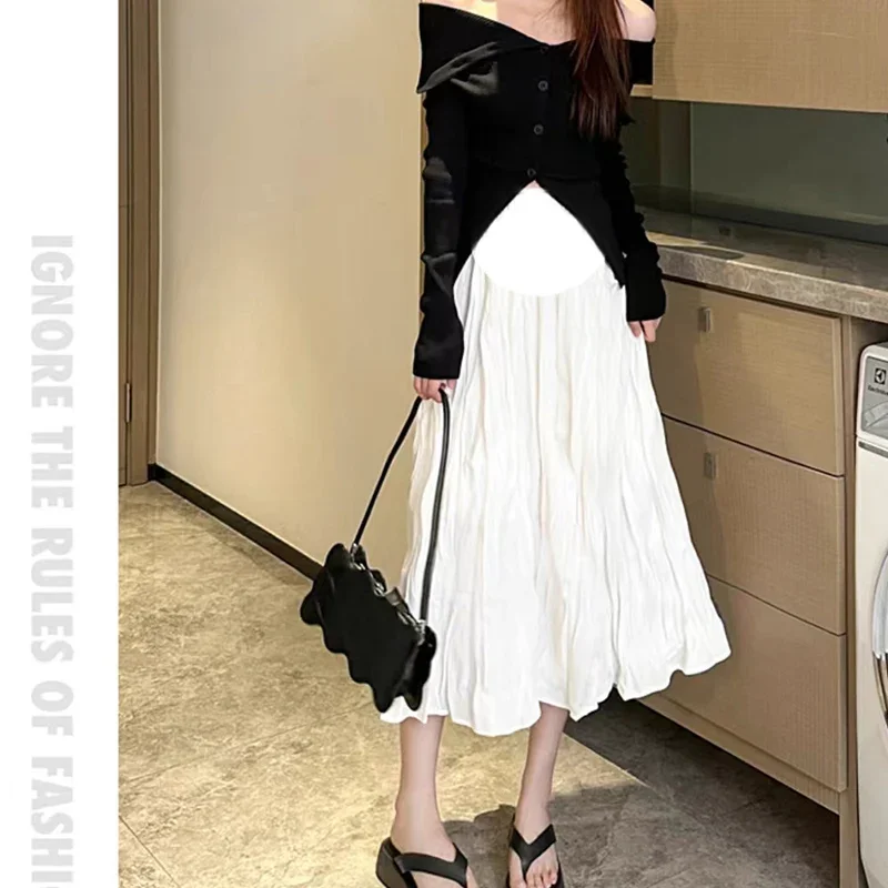 Korean Style Spring Maternity Belly Skirt Fashion High Waist Pregnant Woman Pleated Skirts Pregnancy Midi Skirts Black White