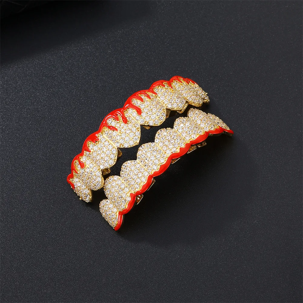 

RACHELZ Fashion 8/8 Red Flame Shiny Zircon Teeth Grillz Hip Hop CZ Stone Tooth Caps For Women Men Body Jewelry Gift