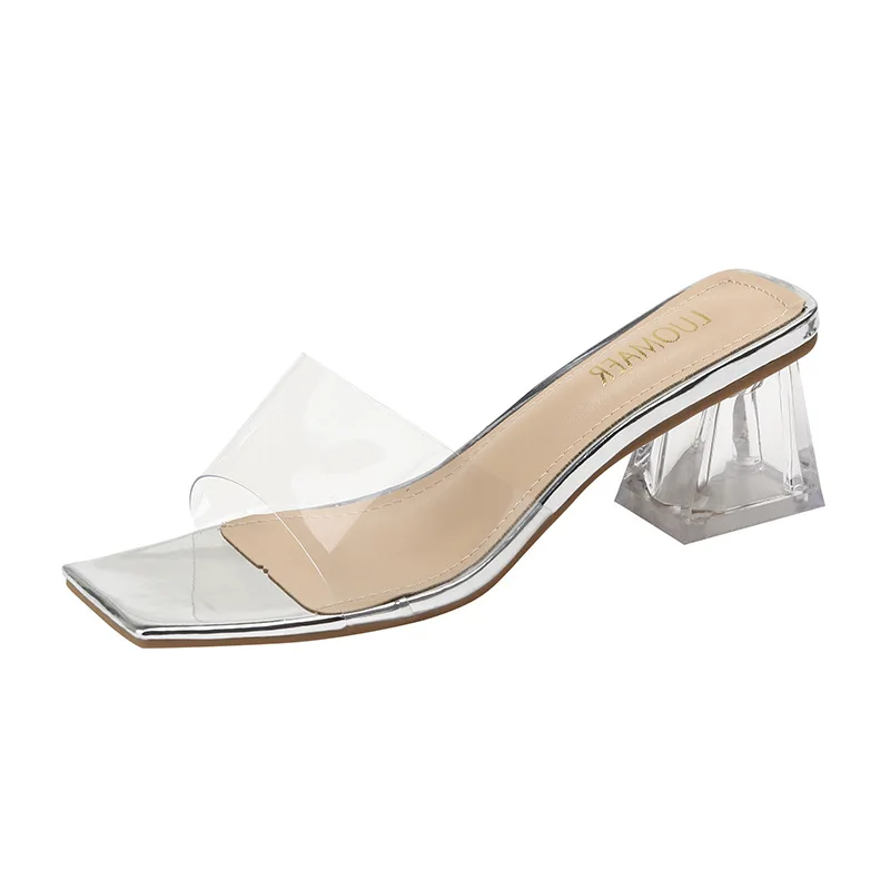 2024 Leisure Summer  Fashion Outdoor Clothing Pink Transparent Crystal 5.5CM High Heel Square Head Women's Sandals and Slippers
