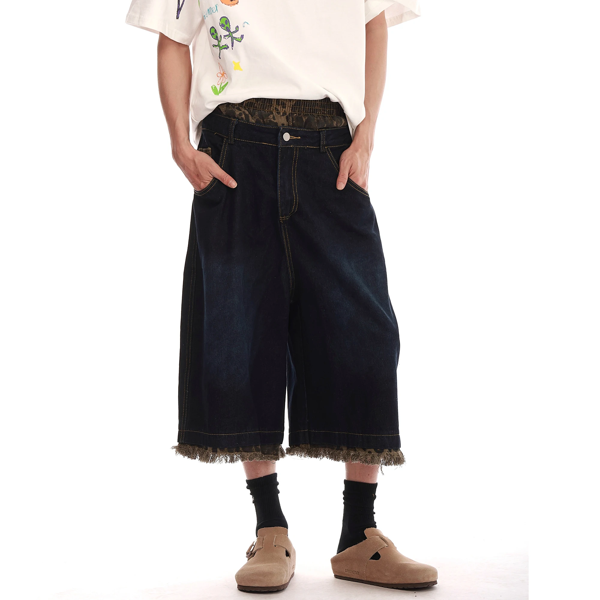 Camouflage Patchwork Capri Pants Oversized Washed Wide Leg Denim Shorts Streetwear Fashion Leopard Raw Edges Baggy Jeans Y2k