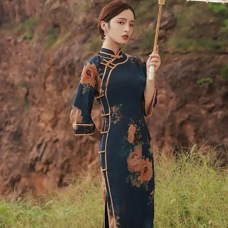 

Vintage Cheongsam 2022 Spring Autumn New Retro Elegant Improved Inverted Big-sleeved Chinese Style Long Cheongsam Dress