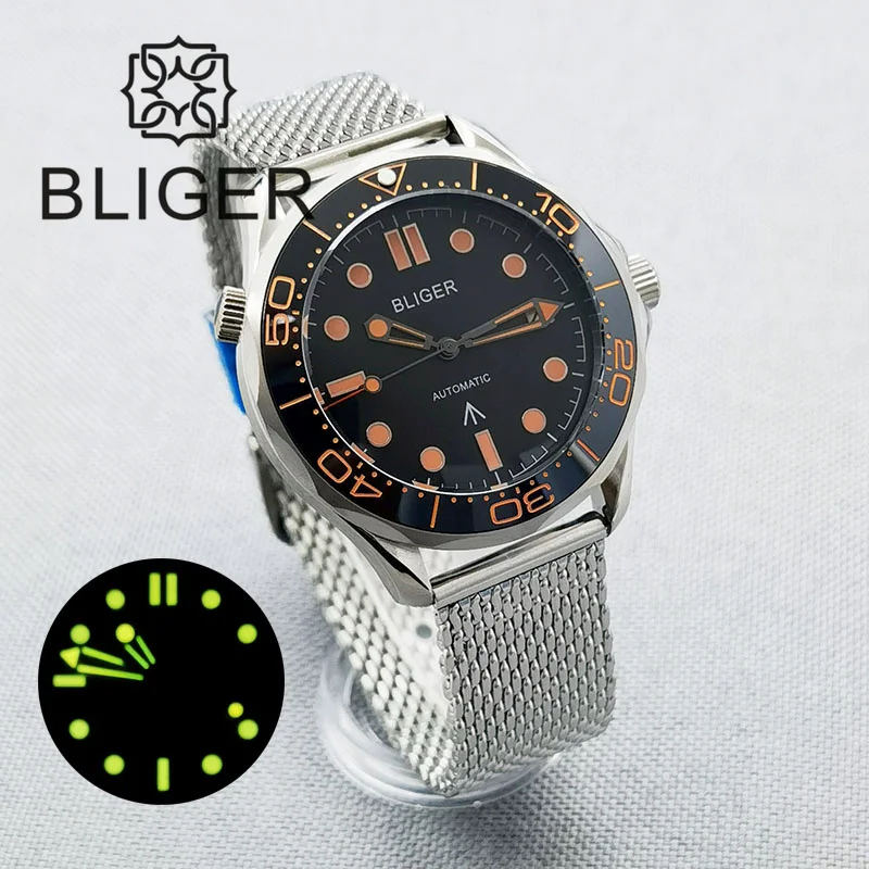 

BLIGER 41mm Watch For Men NH35A PT5000 Automatic Orange Marks 24Jewels Mesh Band Rotating Bezel Screw Crown Flat Sapphire Glass