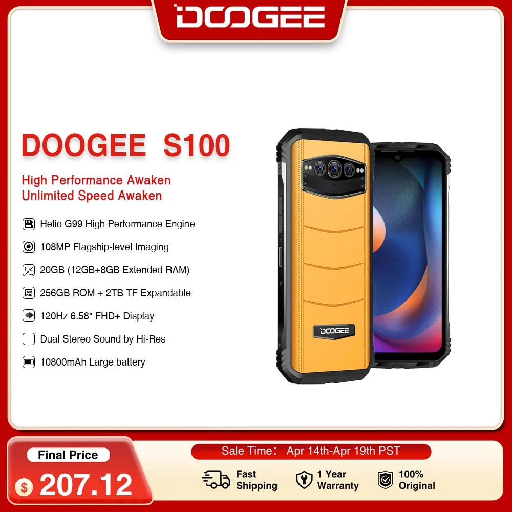 DOOGEE S100 6.58" FHD 120Hz Display 108MP AI Triple Camera 12GB+256GB Helio G99 Octa Core 66W Fast Charge 10800mAh Battery