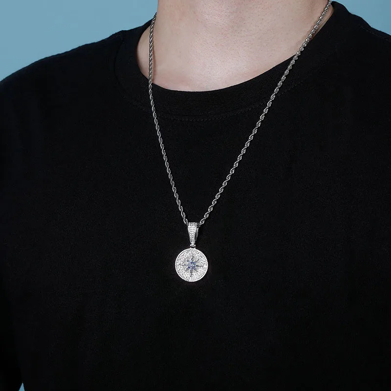 18K White Gold Plated Compass Pendant Iced Out Hip Hop Jewelry Bling 5A Hip Hop Pendant Necklace 3