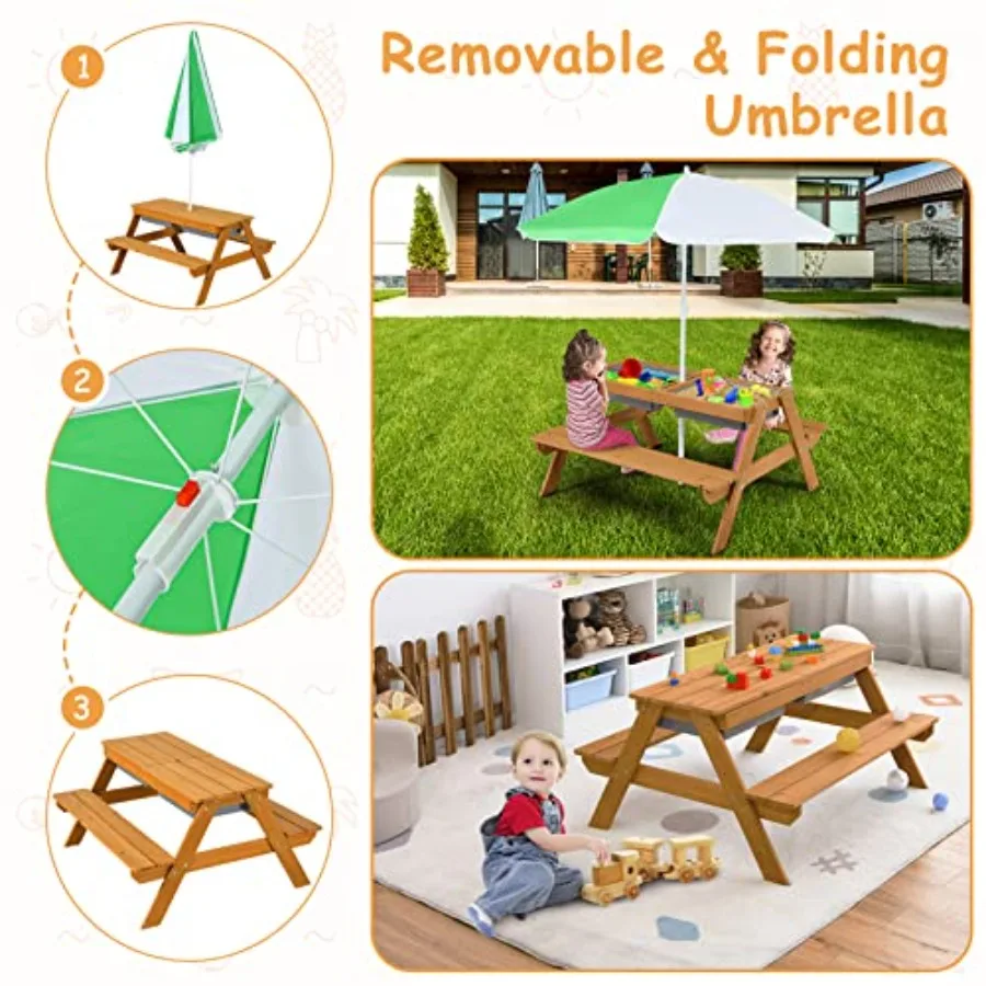 Picknicktisch für Kinder im Freien mit Sand- und Wasserspielbehältern, höhenverstellbarem Sonnenschirm und abnehmbarer Tischplatte – kleinkindgerecht_voghion.com