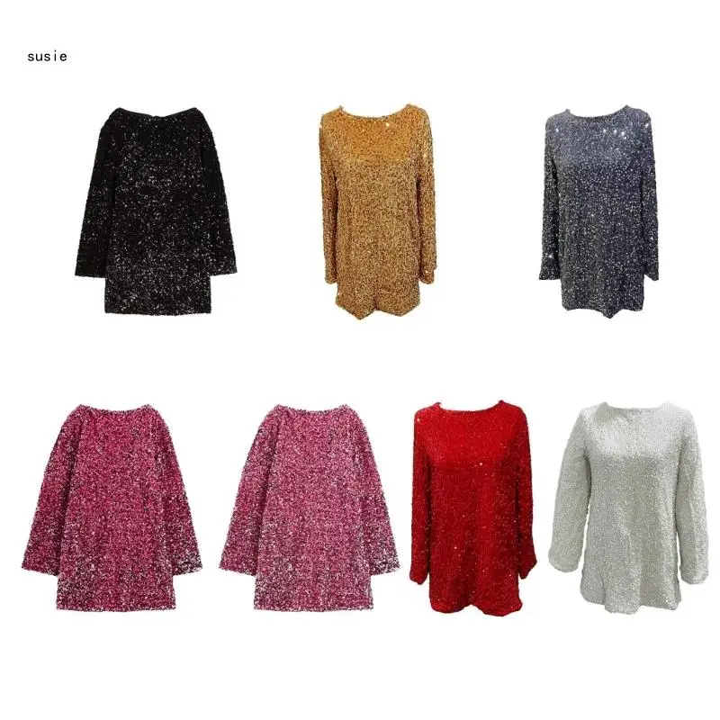 

X7YA Women Sequins Long Sleeve Loose Mini Dress Round Neck Open Back Tie Ribbon Bowknot Party Festival Short Dresses