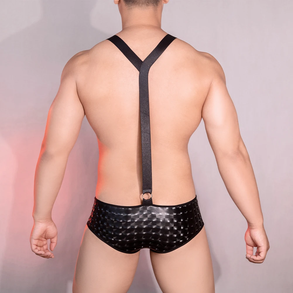 

Men Sexy Shiny PU Leather Boxer Briefs Body Chest Harness Panties Jumpsuits Straps Leotard Erotic Lingerie Seductive Underwear