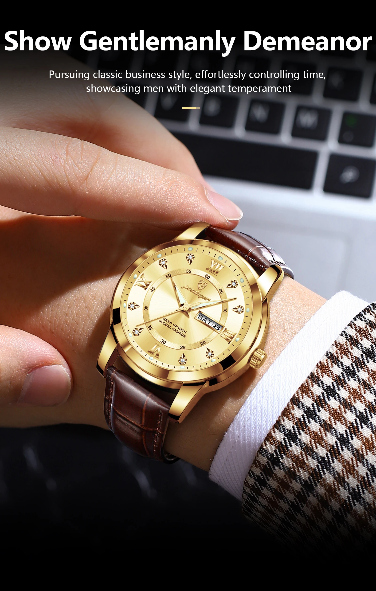 POEDAGAR Luxury Business Male Clock Date Week Waterproof Luminous Gold Men Wristwatch Casual Fashion Quartz Men's Watches Reloj