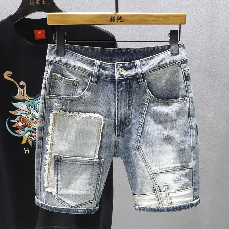 

2024 New Personality Multiple Pockets Patchwork Contrasting Colors All-match Cowboy Men Summer Pasting Patch Casual Shorts
