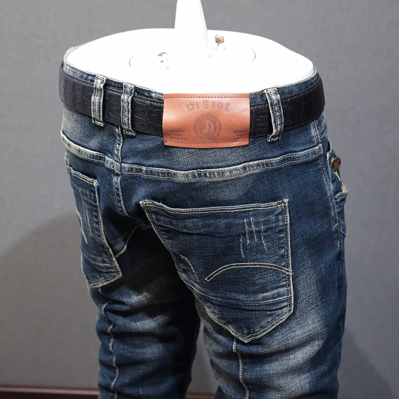 Fashion Vintage Men Jeans High Quality Retro Black Blue Elastic Slim Ripped Jeans Men Spliced Designer Denim Biker Pants Hombre