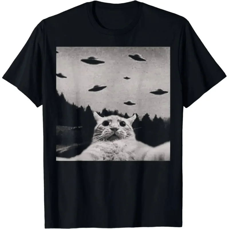 

Shirts for Men Clothes Man ThreadWeird Alien Cat UFO T-Shirt - Classic Fit, Round Neck, Black, Adult Vintage T Shirt