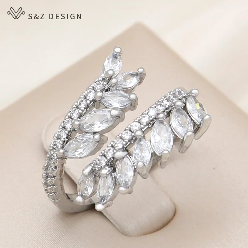 S&Z DESIGN New Fashion Adjustable Cubic Zirconia Olive Branch Rings For Women Wedding Elegant Jewelry Champagne Gold Color Gift