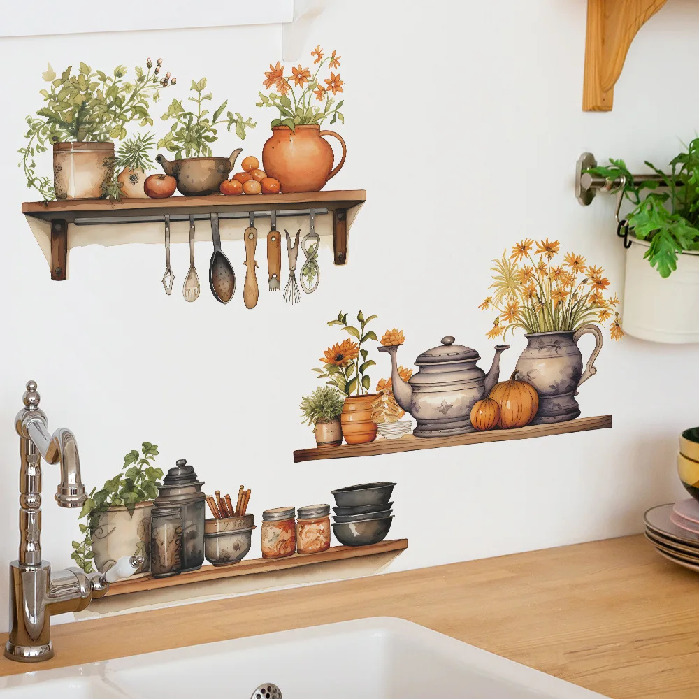 Wall Stickers 1PCS Painted Green Plant Flower Pot Wall Paste Living Room Kitchen Home Decoration Self adhesive