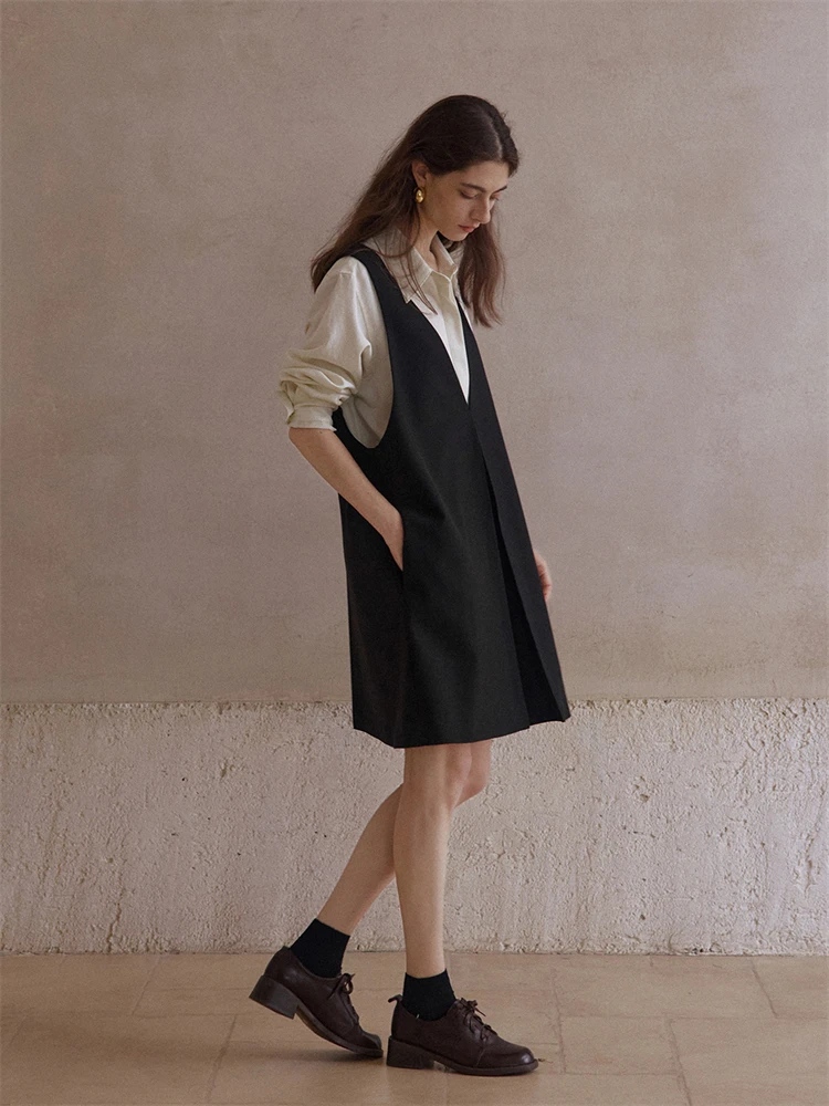 New Trendy 2025 Autunno Donna Scollo a V Abito in lana Lady Comodo Loose Fit A Line Abiti Marchio di abbigliamento MY0007 3