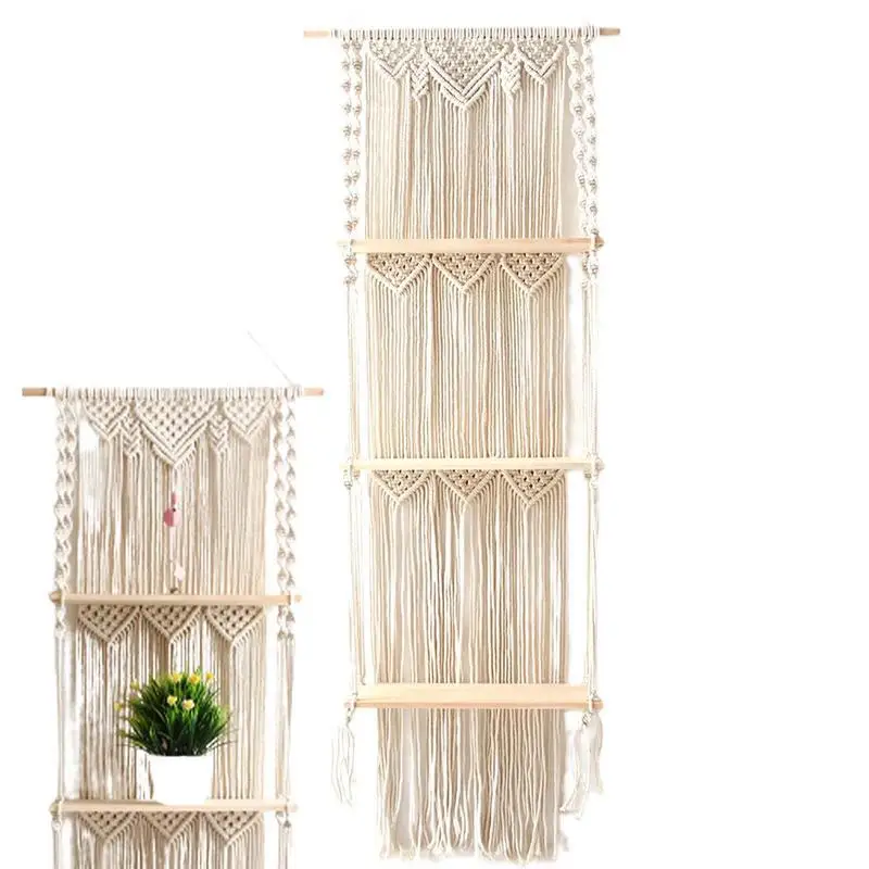 

Boho Macrame Wall Hanging Shelf 3 Tier Handmade Woven Tassel Wood Organizer Shelves Wall Floating Hanger For Home Decor