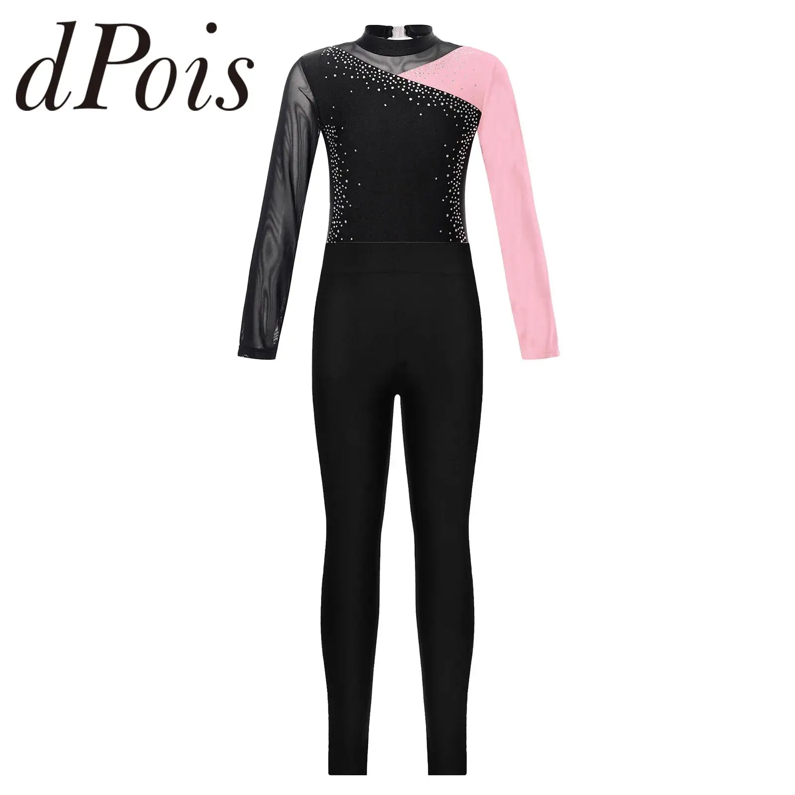 

Kids Girls Long Sleeve Ballet Leotards Gymnastics Jumpsuit with Leggings Shiny Rhinestones Dancewear Teens Yoga Skating Bodysuit