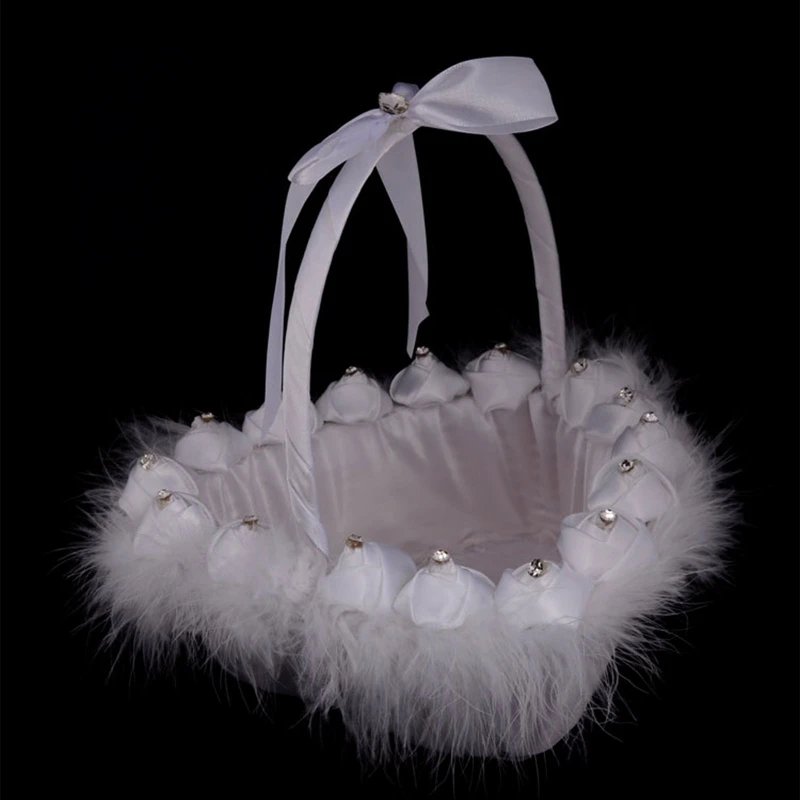 Flower Girl Basket White Small Heart Shaped Baskets with Faux Flowers for Rhines