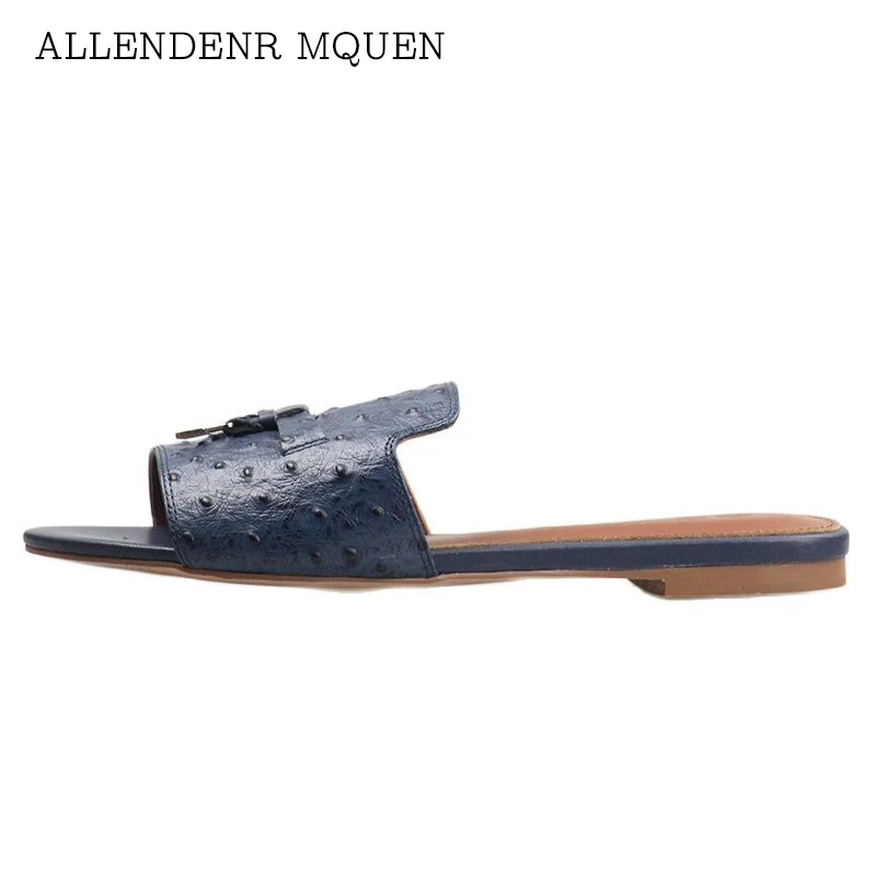 

Top quality ostrich pattern real high-end buckle casual all-match flat bottom comfortable large size lp slippers