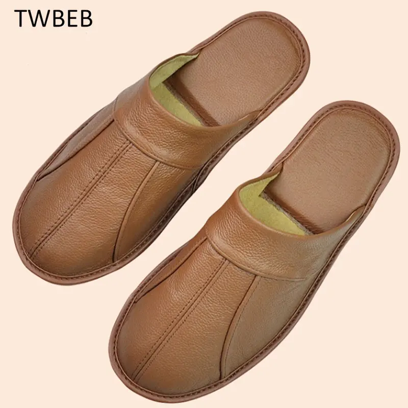 

Тапки мужские из коровьего спилка, роскошные домашние тапочки ручной работы, без застежки, мягкая удобная комнатная обувь на плоской подошве для спальни, черные коричневые, весна