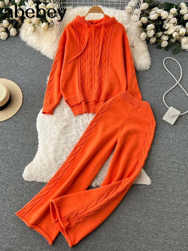 

2022 Hooded Long Sleeved Pullover Top+Wide Leg Pants Suit Elegant Outfits Autumn Women Casual Winter Two Piece Set