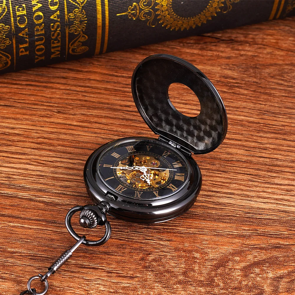 Luxury Black Mechanical Pocket Watch for Men Women Vintage Engraved Roman Numeral Dial Fob Chain Pendant Clock for Collection