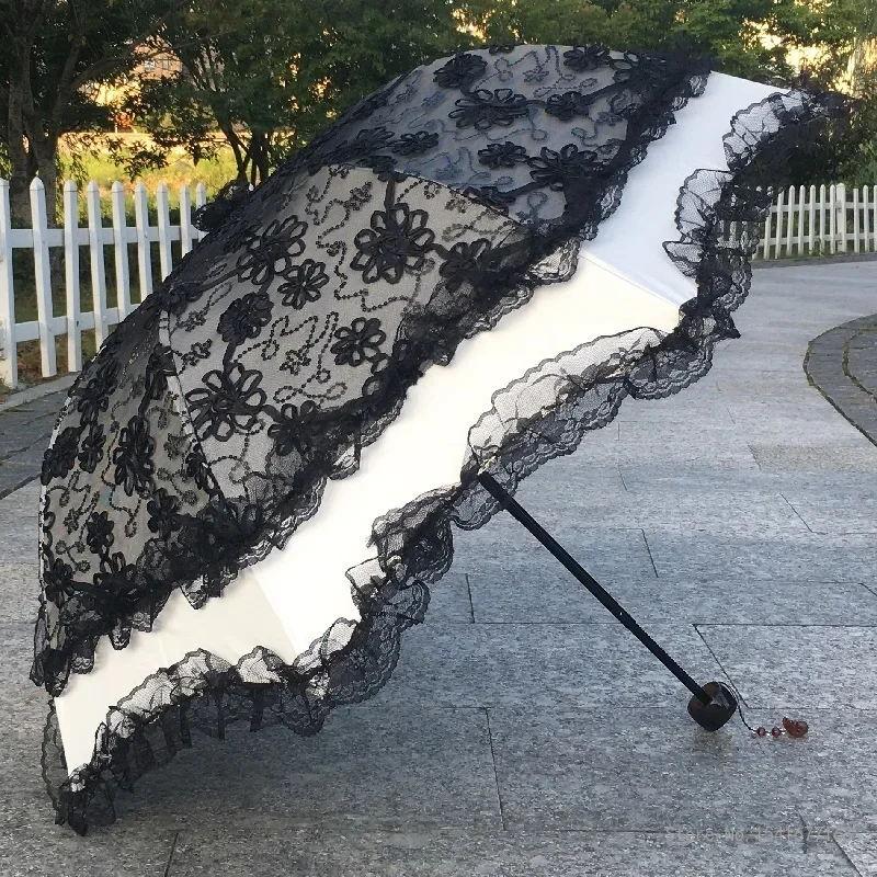 Double Layer Black Rubber Lace Sun Umbrella, Ladies High-end Photo Studio Wedding Dress Hanfu French Retro Parasol Umbrella, 1Pc