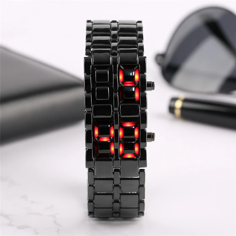 2022 Men LED Watches Fashion Lava Iron Samurai Stainless Steel Bracelet Digital Electronic Watch Men Sports Watches reloj hombre
