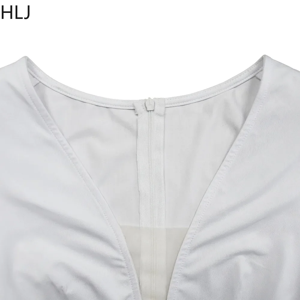 HLJ Fashion Feather Stitching Deep V Party Club Rompers Women Long Sleeve Bodycon Jumpsuits Female Solid Color Slim Overall 2023