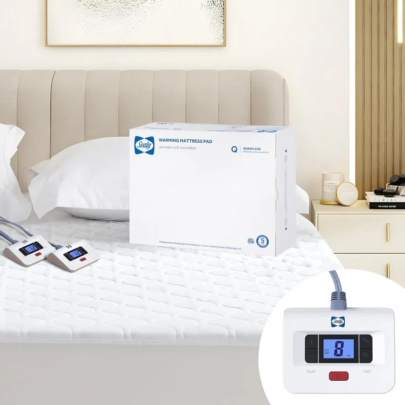 

White Sealy Heated Mattress Pad Queen Size, Luxury Quilted Electric Bed Warmer with Dual Controller 10 Heat Settings