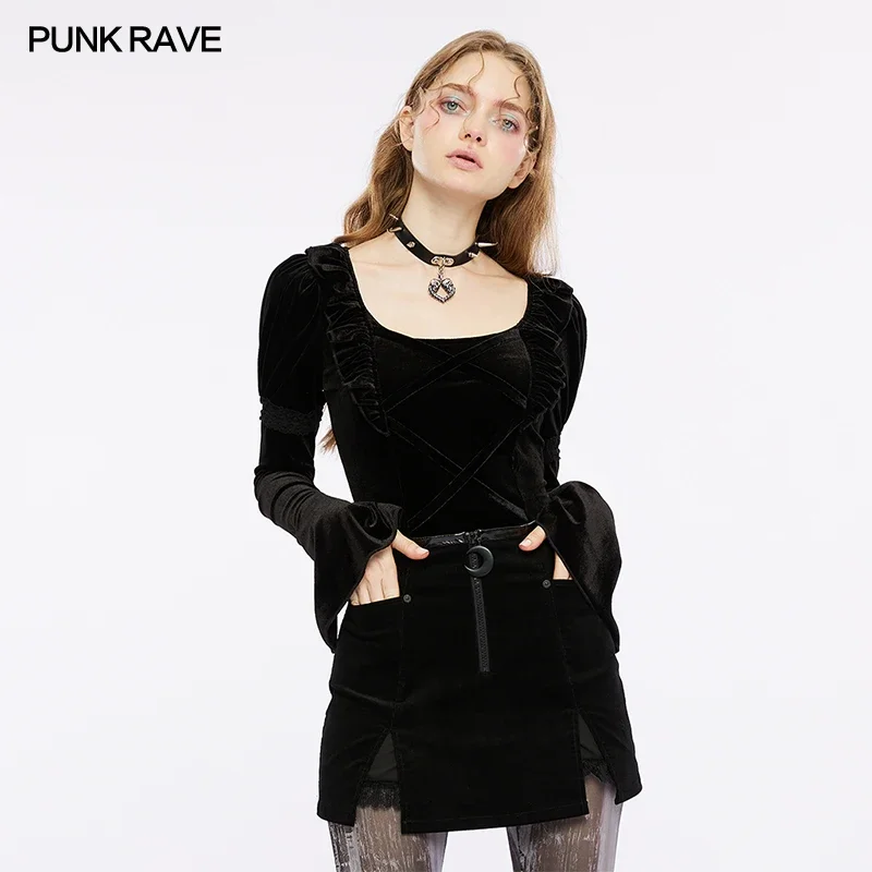 punk-rave-women's-gothic-velvet-square-neckline-cross-straps-puff-sleeves-t-shirt-daily-v-shaped-hem-splicing-ruffle-women-tops