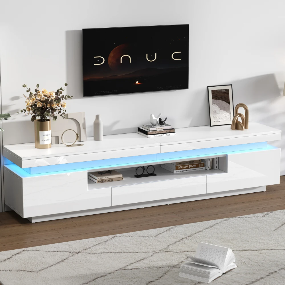 PINGGO Moderner LED-TV-Ständer Hochglanz-Medienkonsole mit L-förmigen Schränken Schublade Halboffener Stauraum Lowboard für Wohnzimmer – Detail 2