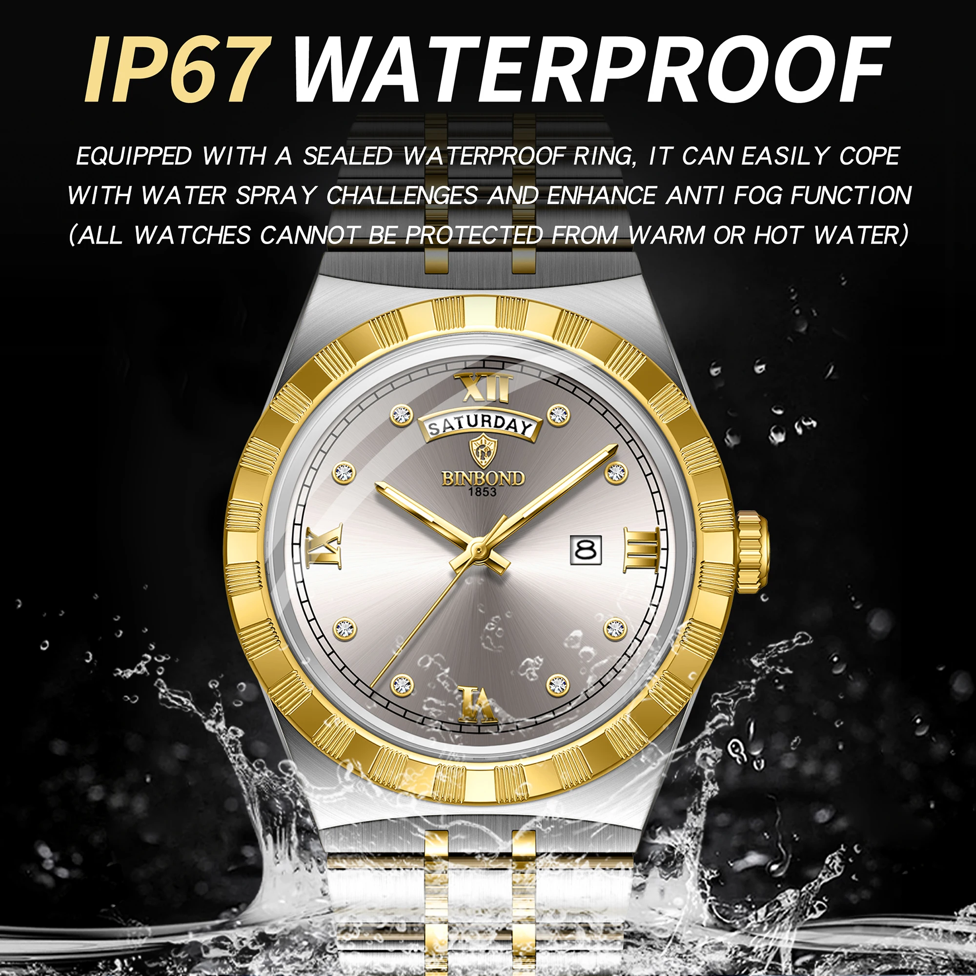 BINBOND Luxury Luminous Waterproof Quartz Men's Watch with Auto Date Display