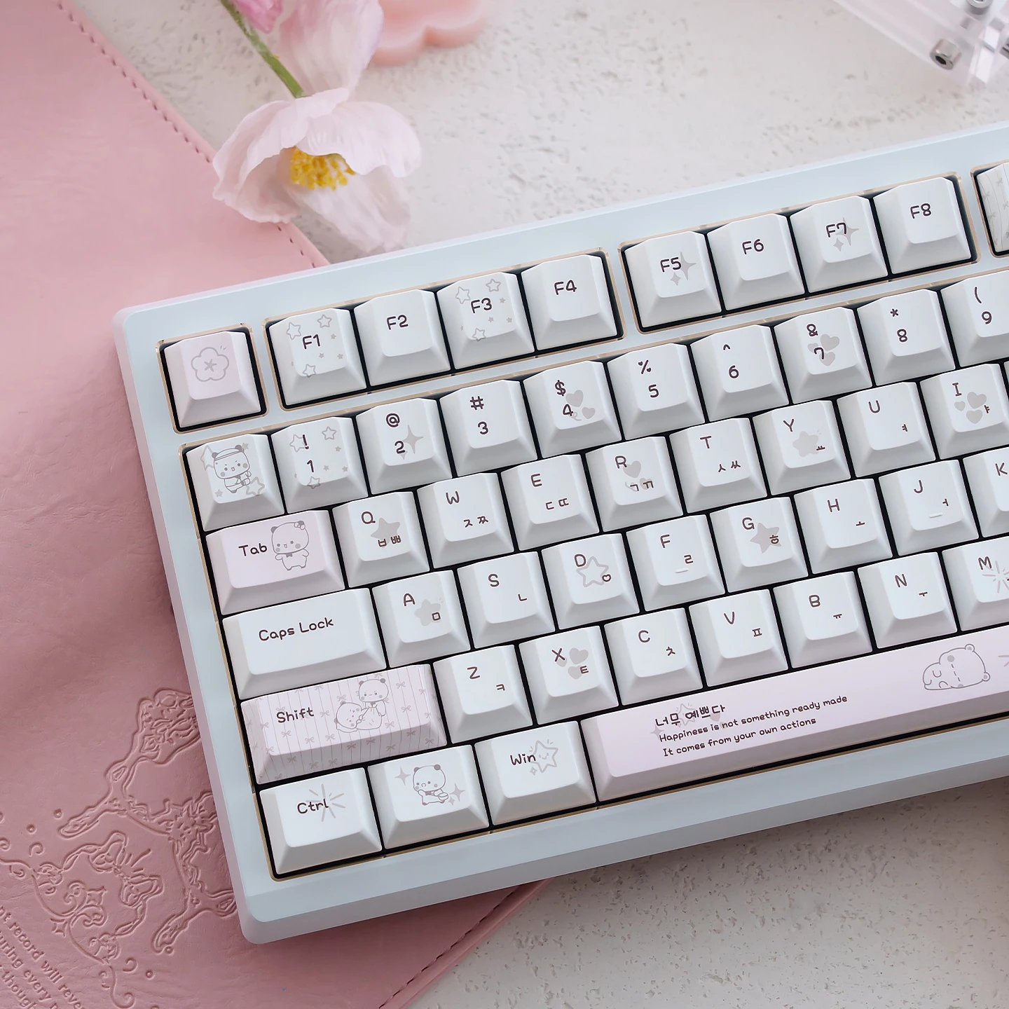 Adorable White & Pink Bubu-Bear Korean Hangul Cherry Profile PBT Keycaps for Custom Mechanical Keyboards