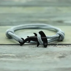 Double Layer Men's Shark Bracelet - Adjustable Nautical String Bracelet (Silver grey black)
