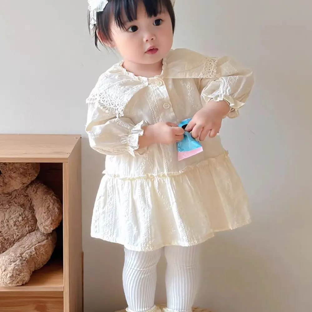 Elegant Pleated Lace Princes Dress Loose Sweet Girls Long Dress Ballet Style A-line Children Long Sleeved Dress Spring/Fall