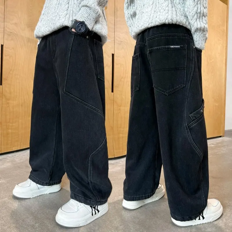 ボーイズカジュアルワイドレッグジーンズ秋冬ロングパンツソフトデニムブラックルーズワークウェアパンツ快適なストレートカット子供服