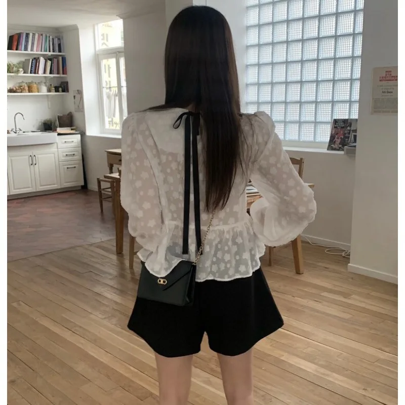 Fashion Commute 2024 Summer New Blouses Women's Solid Color Printed Spliced Ruched Square Neck Loose Long Sleeve Pullover Shirts