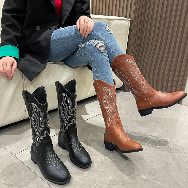 

Женские ботинки в стиле ретро, универсальные простые удобные однотонные ботинки до середины икры с острым носком и квадратным каблуком, весна-осень 2023