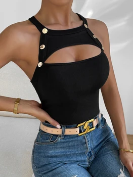 plus size 2025 summer new front cutout contrast mesh button detail vest pure colour summer best choice