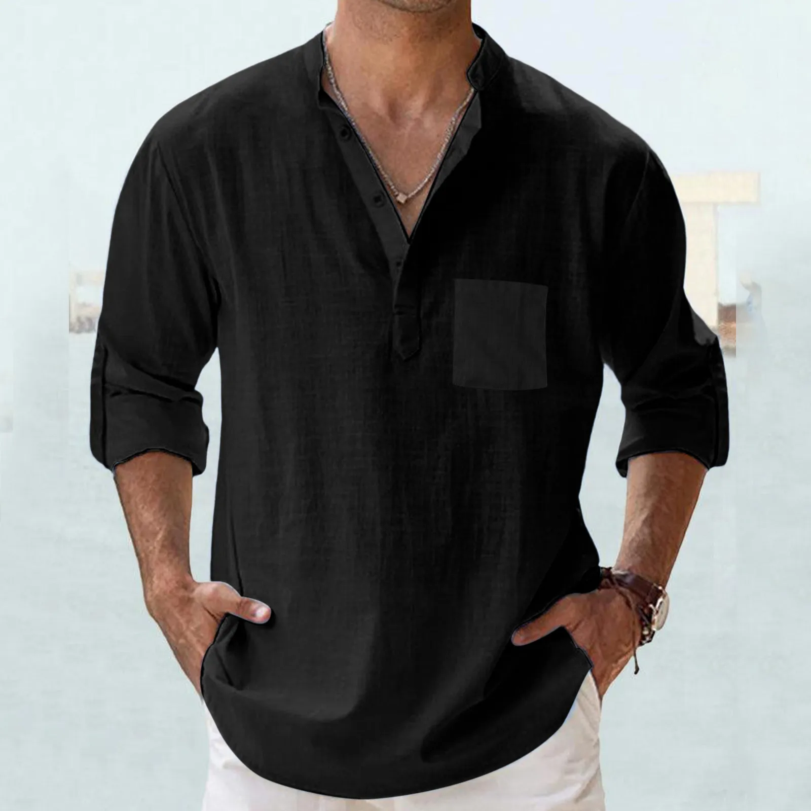 

2023 Men Casual Cotton Linen ShirtsStanding Collar Male Solid Half Sleeves Loose Tops Spring Handsome Men's Shirts Black 3XL 4XL