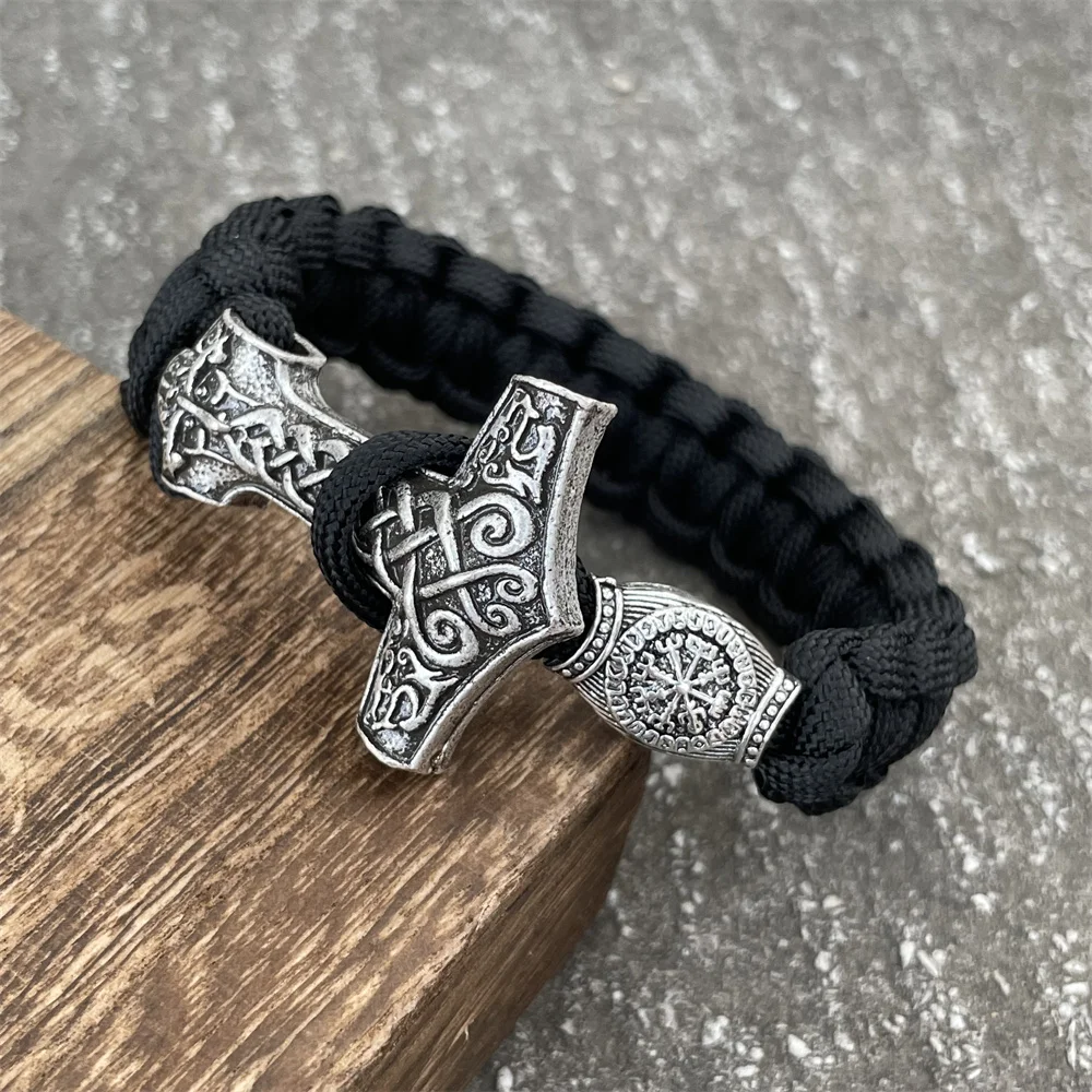 Odin Thor Hammer Mjolnir Jewelry Wolf Knots Amulet Norse Runes Beads Accessories Mens Womens Paracord Viking Bracelet Dropship 3
