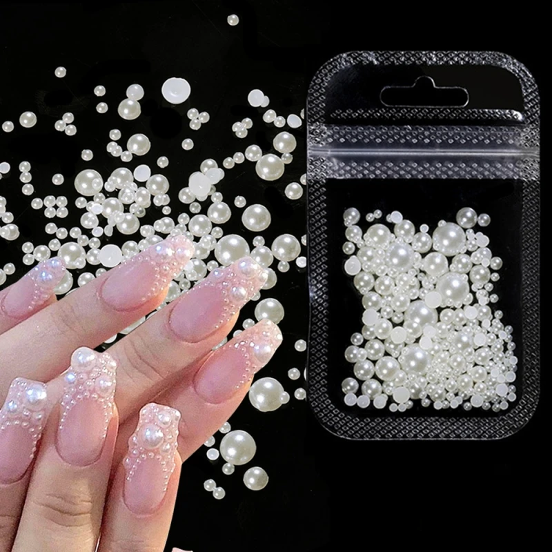 

200pcs Pearl Nail Art Decoration Mixed Size White Rhinestones Silver Gem Manicure Tool Pearls Accessories For DIY Nail Design