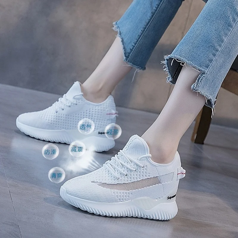 New Spring Autumn Gray White Women Shoes Increase 8CM Knitted Women Vulcanized Shoes Mesh Cloth Thick Bottom Casual Sneakers