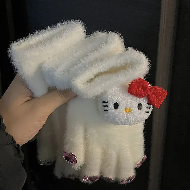 산리오 헬로 키티 여성용 장갑, 귀여운 키티 고양이 봉제 장갑, 따뜻한 부드러운 봉제 양모, 풀 핑거 장갑, 다이아몬드 선물