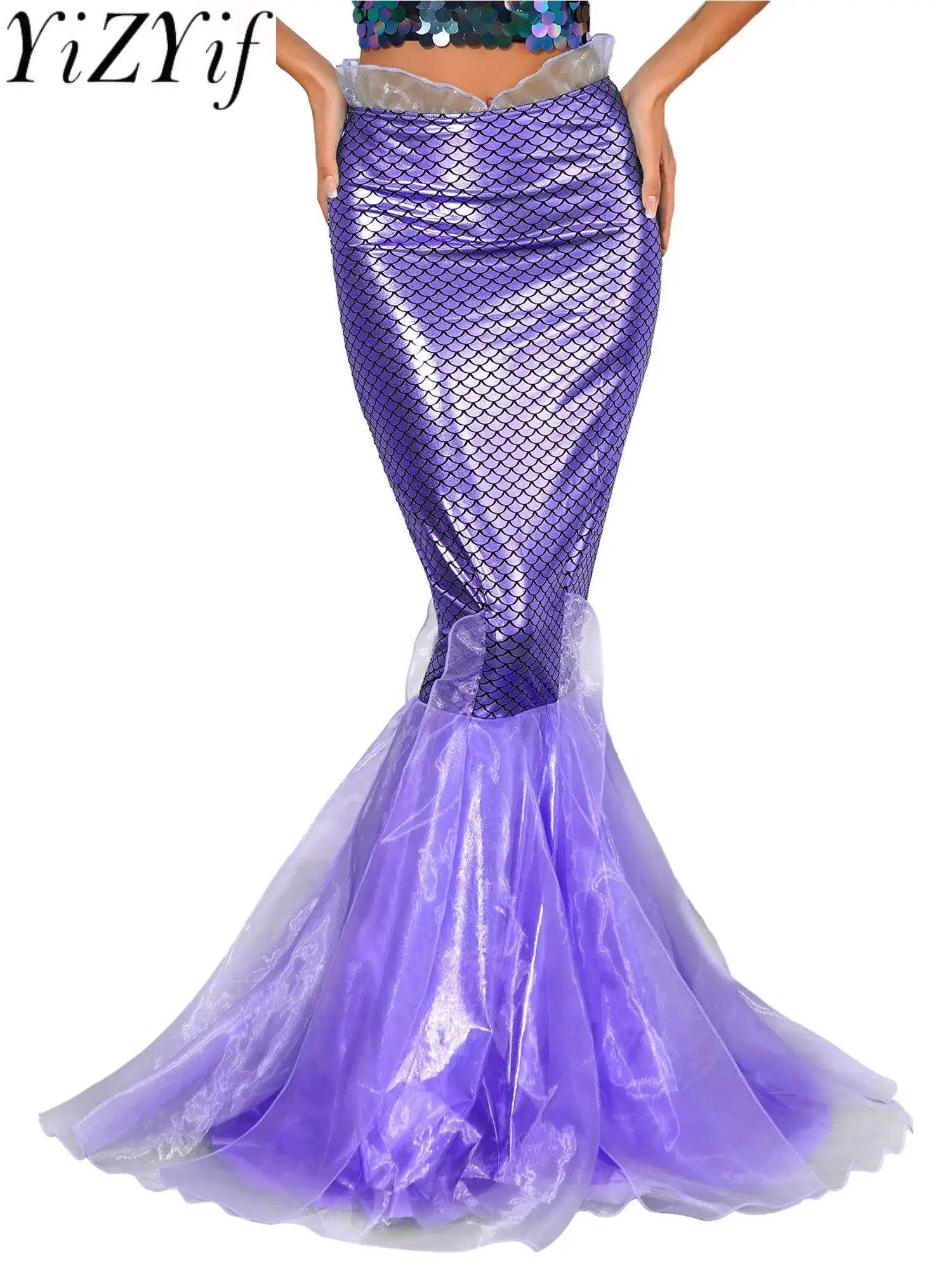 

Womens Halloween Mermaid Maxi Skirt Cascading Tulle Fish Scale Print Shiny Fishtail Skirt Princess Cosplay Party Fancy Dress-Up