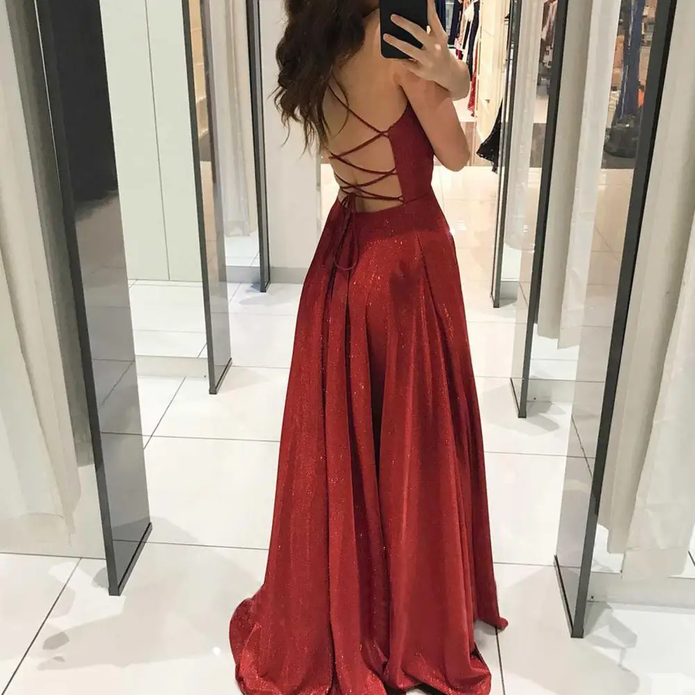 

2023 Women A-Line Dress Spaghetti Straps Tea-Length Red Satin Prom Homecoming Dresses Sparkly Sexy Hollow Night Gown Vestidos