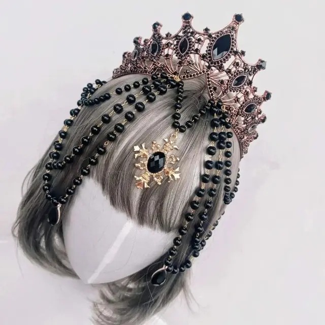 Baroque Vintage Black Crystal Rhinetone Tiaras And Crowns For Women Bride Tassel Princess Queen Diadems Wedding Hair Accessories 2
