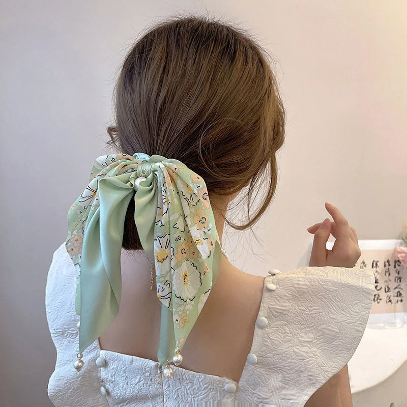 

Handmade Elegant Floral Big Bowknot Scrunchies Pearl Pendant Large Bow Hair Rope Knotted Elastic Hair Band Hair Accessories