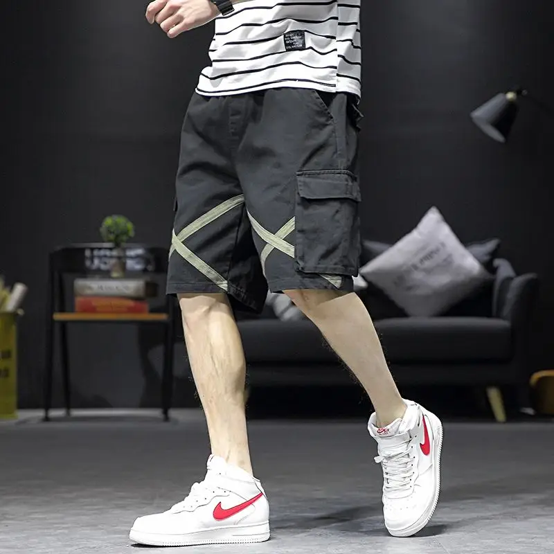 Summer Solid Color Fashion Elastic Waist Straight Pants Man High Street Casual Loose Pocket Drawstring Printing Cotton Shorts