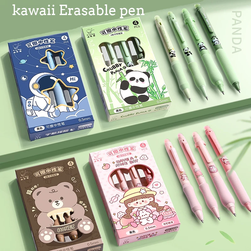

4pcs Erasable Gel Pens Black Blue Two Inks With Eraser Ballpoint Pen School Supplies Japanese Kawaii Stationery Aesthetic Pens